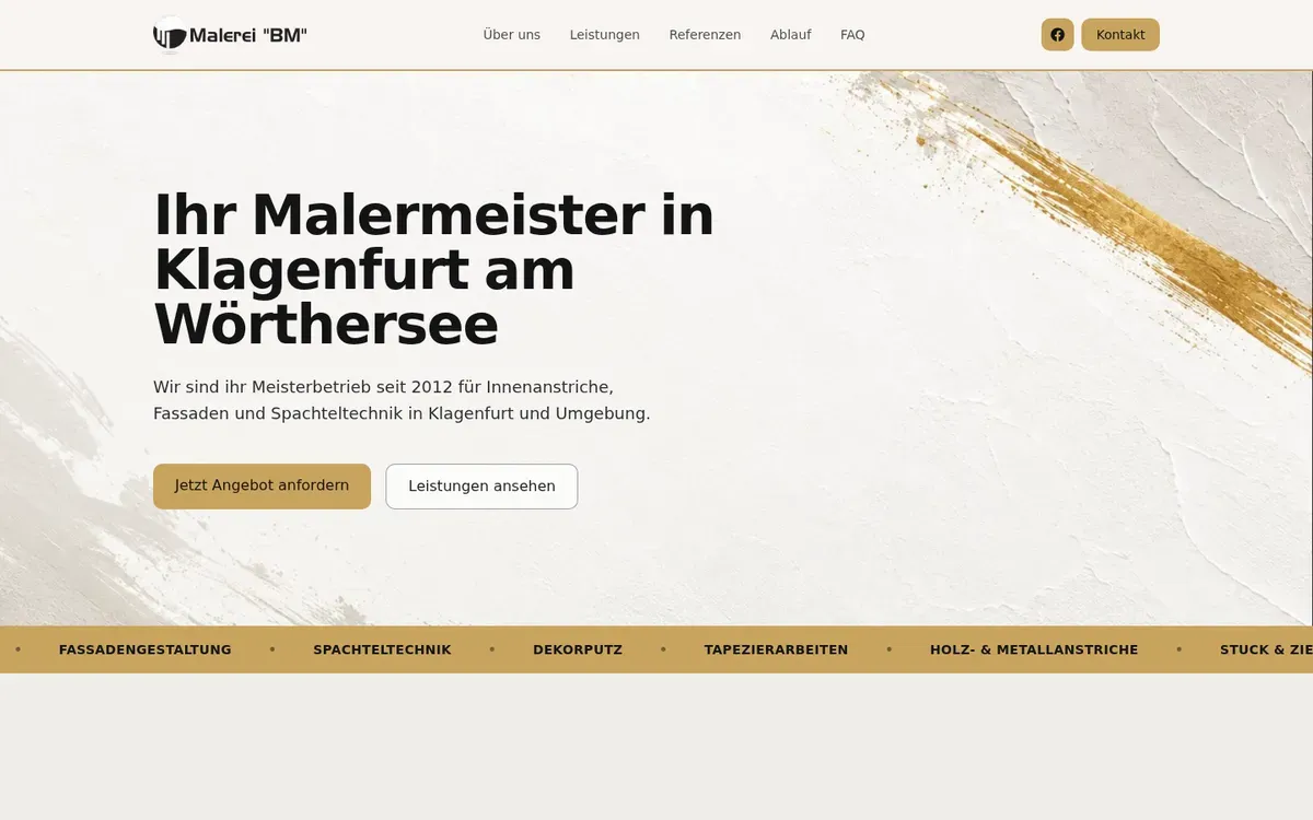 Startseite der Website klagenfurt-malerei.at, Beispielprojekt von ADD YOUR SERVICE für die Malerei BM in Klagenfurt (Level IV von Kundenradar: eine von Grund auf neue Onepage-Website statt einer Vorlage)